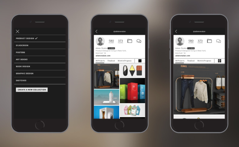 A set of mobile phone app templates showing images and personal profiles.