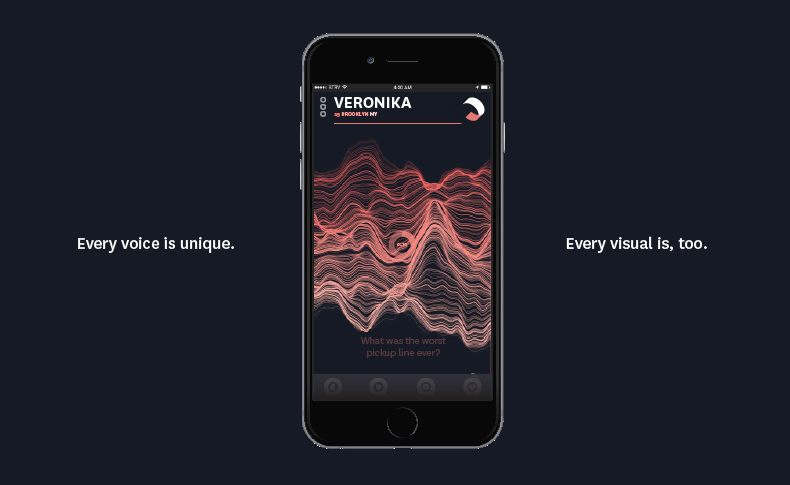A mobile phone template depicting an image of some sound waves. Also there is the text Every voice is unique. Every visual is, too.