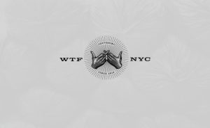 logo with two hands crossing while showing the finger with the WTF NYC on the left and right