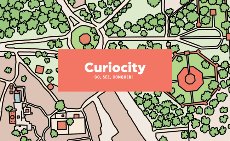 A colorful green, red and blue drawing of a city map and in the middle a label with text: Curiocity.