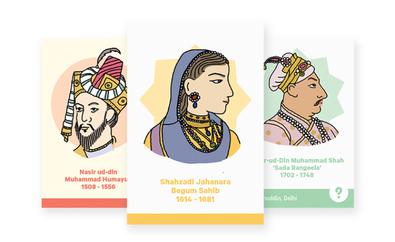 A set of colorful cards depicting drawings of Indian royal figures and years of rule.