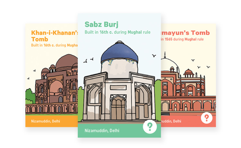A set of colorful cards depicting drawings of Indian temples in Delhi.