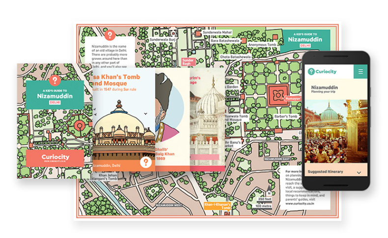 A set of paper and digital guides, showing the map of a city and other information.
