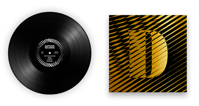A golden vinyl cover design with some stripes and a D. Also there is an image of a vinyl disk.