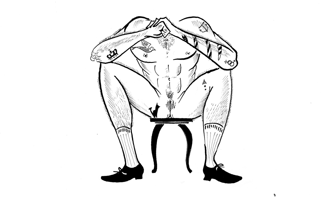 A black and white drawing of a naked, tattooed human figure, with socks and shoes, while sitting on a chair.