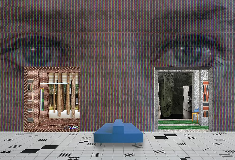 A 3d computer generated image of an art room with entrances to other rooms. On the wall of the room there is a photo of a face with two eyes.