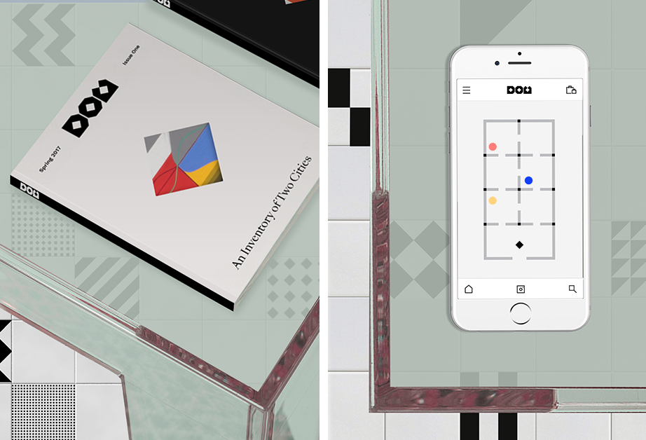 An isometric picture showing a white book with some colorful square shape in the middle and the text DOM An Inventory of Two Cities. There is also another picture with a mobile phone and some sort of maze with the logo DOM.