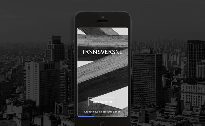 A mobile phone template of a website showing a black and white photo of some transversal columns and the text logo: TRANSVERSAL.