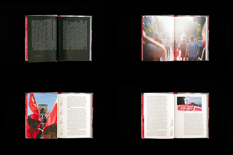 a grid of images from an opened book in four instances with color images