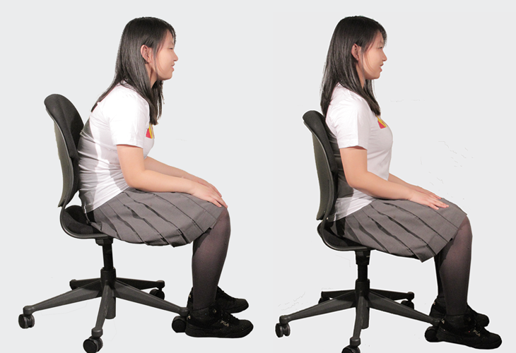the correct position is shown by a young woman and the wrong position to sit on a chair