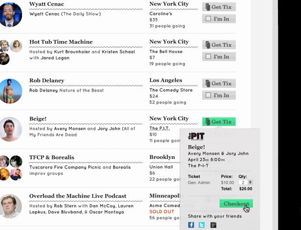 screenshot of the website with the tickets for various events