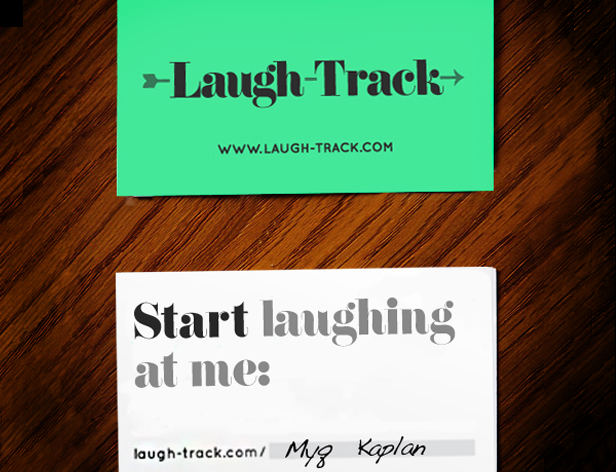 laugh track business card with the front side being mint green and the back white