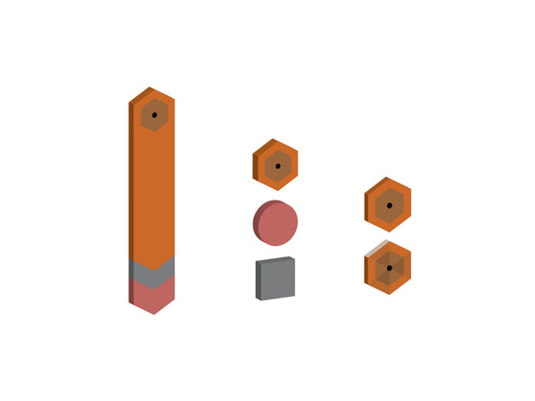 3d models of an orange pencil made with hexagonal shapes, and different parts of the pencil, like rubber, metal support for the rubber, and the sharp tip of the pencil