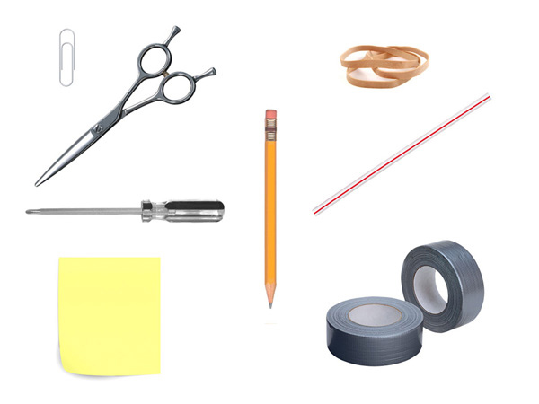 a silver paper clip, a silver screwdriver, a yellow post-it paper, an orange pencil, a white and red stripe straw, grey tape, and brown elastic bands
