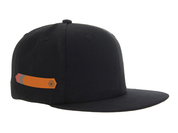 a black baseball cap with the illustration of an orange pencil made with a hexagonal shape