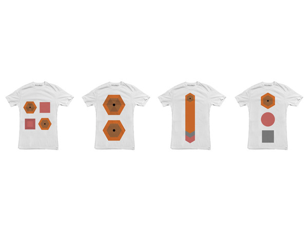 t-shirts with yellow hexagonal pencil shapes and a red rounded rubber shape