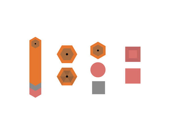 a pencil and the rubber at the end of the pencil draw with hexagonal and square shapes, with orange, grey, and red