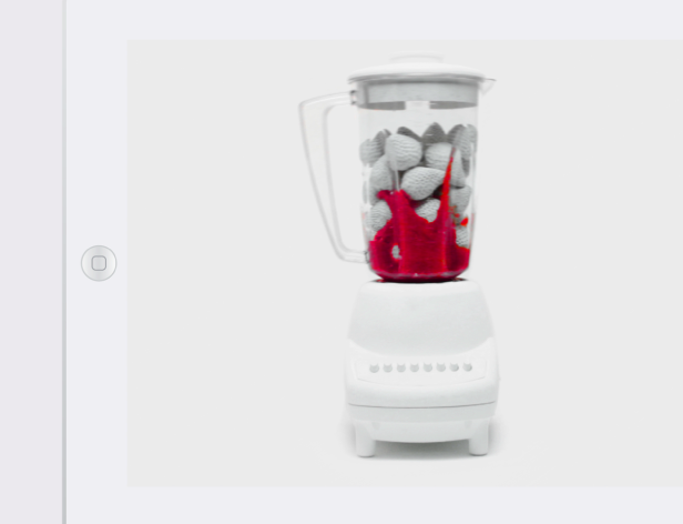 a white blender with red fluid and white object in it