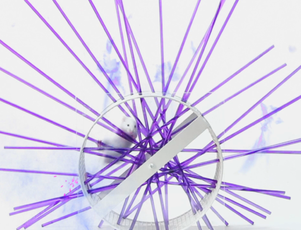 abstract formation with violet sticks in a rounded metal shape
