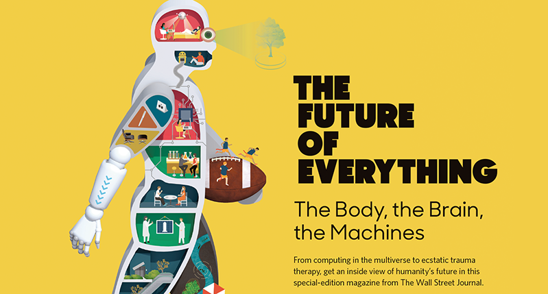 a banner with a human body shape with different room interiors illustrated from head to feet and the message on the right side: the future of everything. the body, the brain, the machines