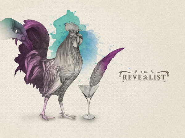 an illustration with a rooster and blue and purple watercolor splashes and a cocktail glass next ti it with the revealist logo on the right side