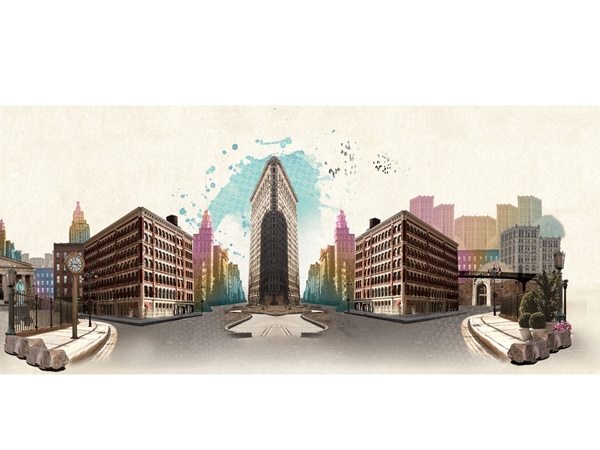 a banner representing a building in the center surrounded by many smaller and bigger buildings and splashes of watercolor