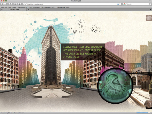 webpage screenshot with the time square illustration and splashes of watercolor