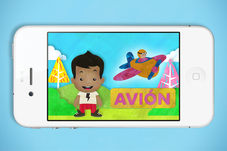 app screenshot with an illustration of a boy and the word "Avion"