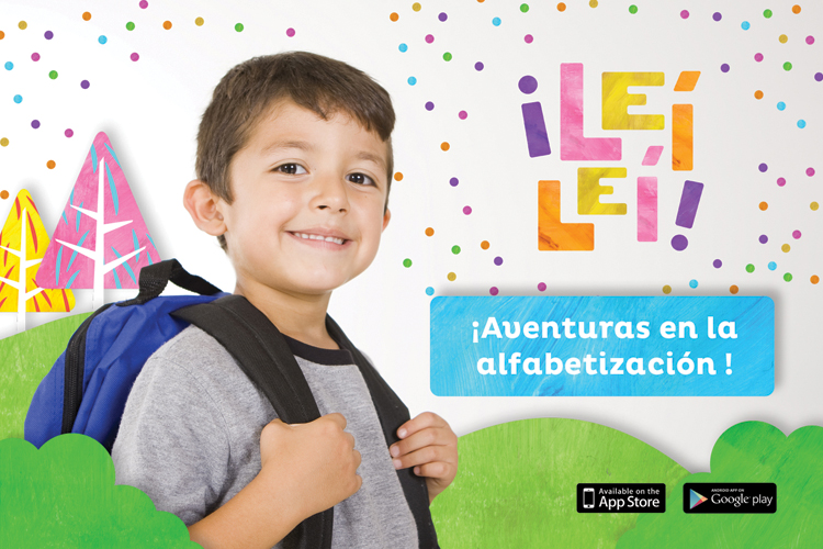 !lei lei! App banner with a little boy with a backpack, the logo on the right side, and the slogan under the logo: !Aventuras en la alfabetizacion!
