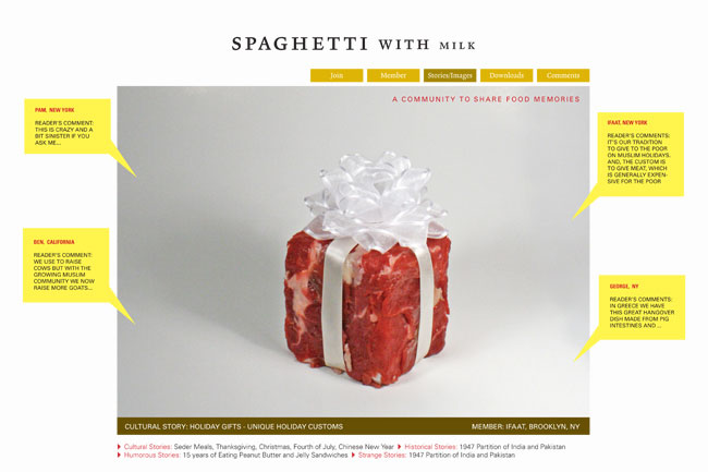 a website screenshot of a red meat cube with a white ribbon on top, which has a couple of yellow balloons with some text on them