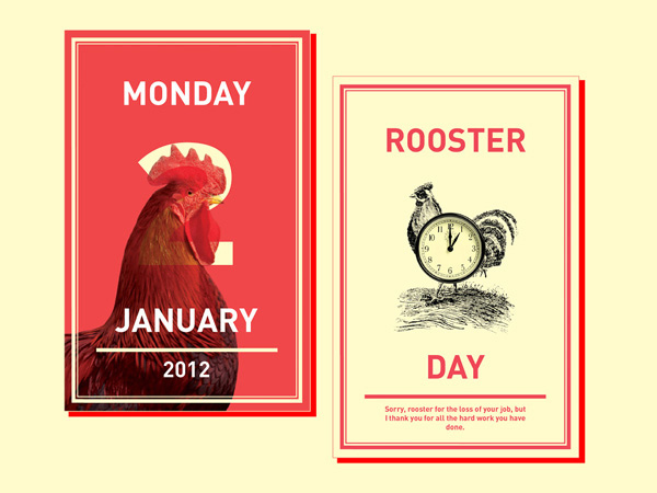 monday, january 2nd, the rooster day with an illustration of a rooster and a clock