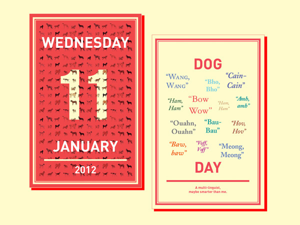 Wednesday January 11, dog day, with an illustration of words describing how a dog barks, etc.