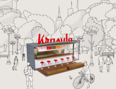 krasula food court in miniature, surrounded by line drawings of a park and people
