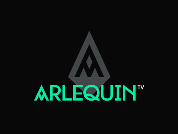 arlequin logo with the text in mint green and the diamond shape is in grey with a black A shape in the middle