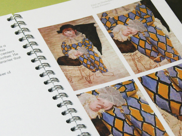 an opened book with a painting of a boy wearing a full-body suit with blue and orange diamond shapes, and the book shows the painting in full and close-ups for details