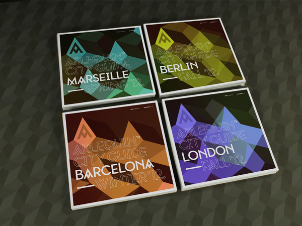 city guide flayers with polygonal shapes, marseille with green, berlin with yellow, Barcelona with orange, and London with blue