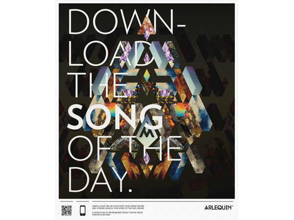 download the song of the day poster with the text going over and through a diamond shape formed with many rectangular cubic shapes with gradients and images on them