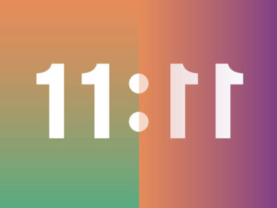11:11 logo on an orange to green and orange to purple gradient backgrounds