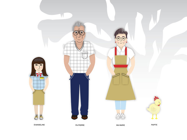 illustration of a young girl, her grandfather, grandmother, and a yellow chicken