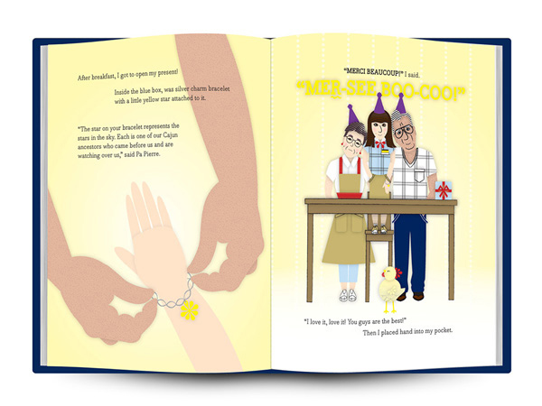 an opened book depicting two hands putting on a bracelet on a kid's hand and on the other page, a family celebration near a table