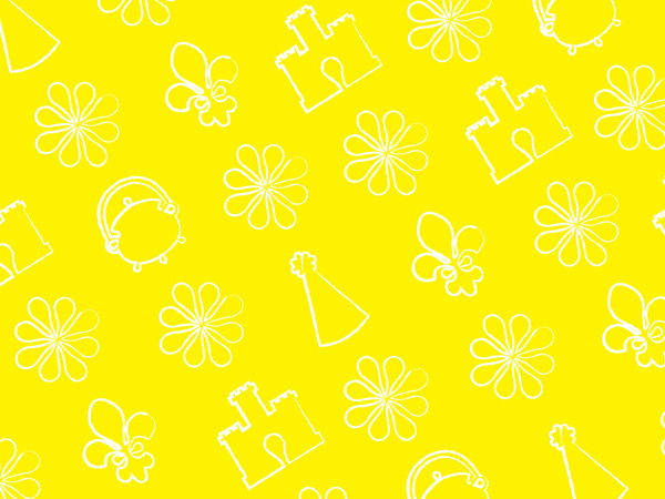 white flowers, hats and pots pattern on a bright yellow background