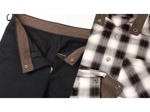 collage of two photos, one of dark color trousers and one with a flannel shirt