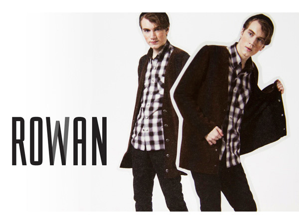 rowan logo and cut-outs of a person in two different poses wearing a brown jacket and a square pattern shirt