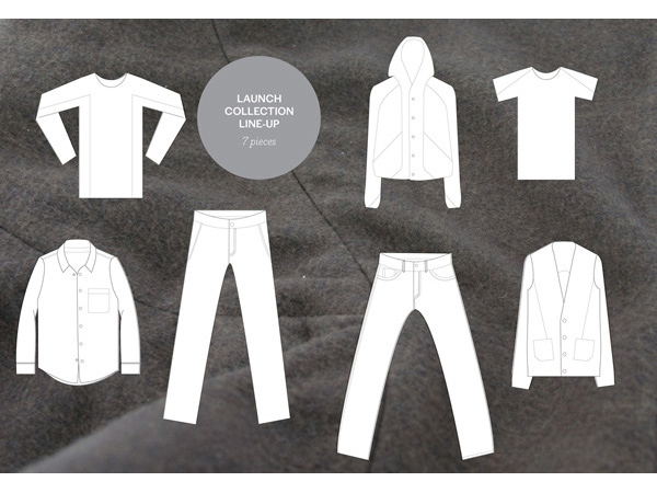 white illustration layouts of a shirt, t-shirt, trousers, coat, and hoodie