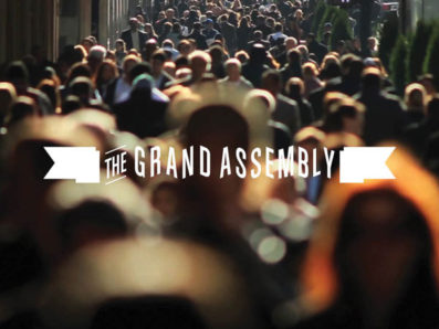 the grand assembly logo was placed over an image of a crowd on the sidewalk