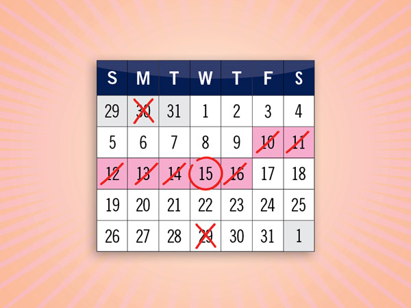 a calendar with dates crossed and one date circled