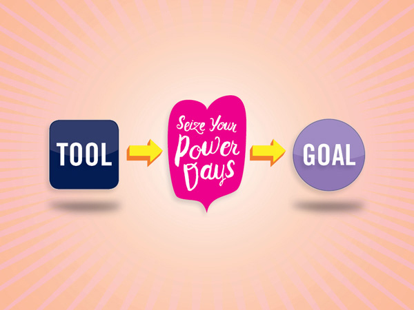 three design icons with text, tools, size your power days logo, and goal with a peach color background