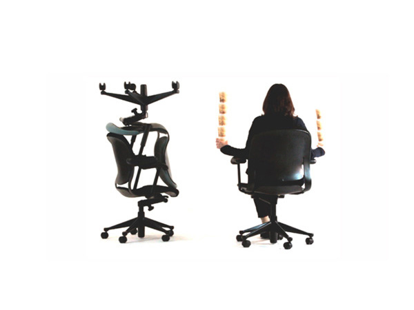 two chairs are installed on top of each other, one is with wheels up in the air and a third chair with the back and a person sitting on it