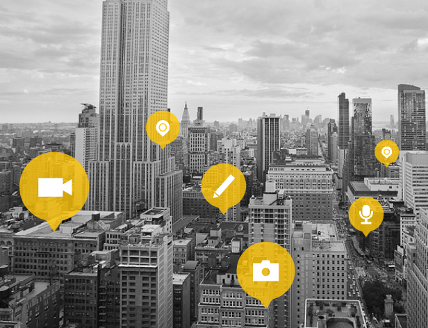 a black and white cityscape with yellow icons on it