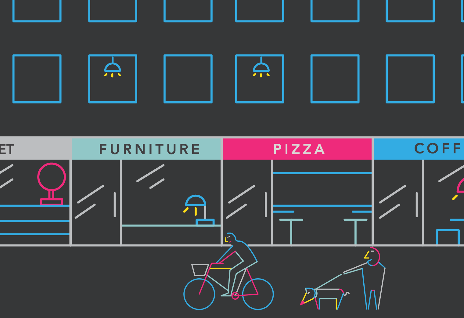illustration of an apartment building with stores, a street, a man riding a bike, and someone walking a dog